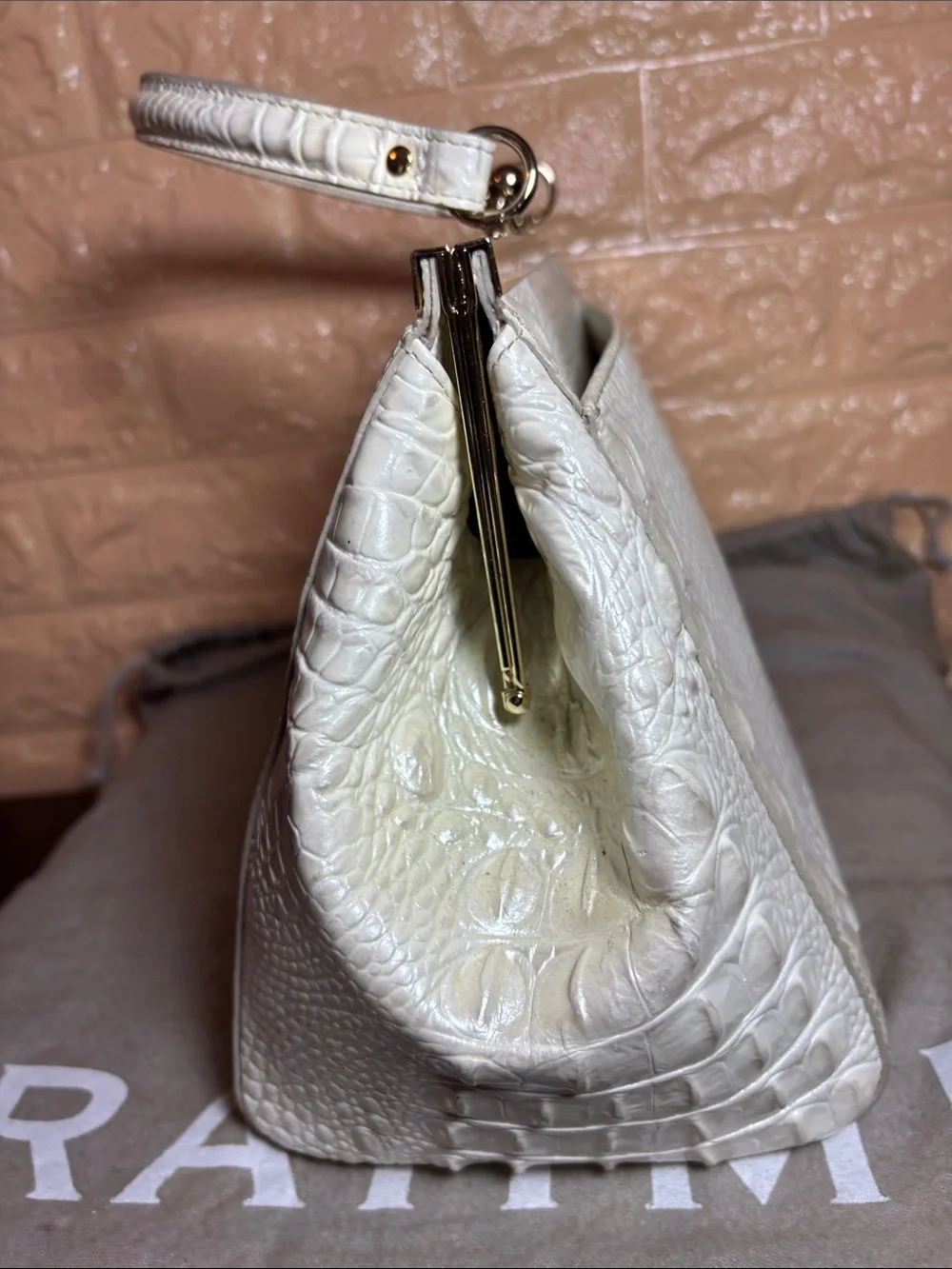 Brahmin White Pearlescent Croc-Embossed Kiss Lock Frame Satchel with Top Handle